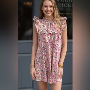 Meet Me in Santorini Petal Mosaic Floral Sleeveless Ruffle Mini Dress Sz L